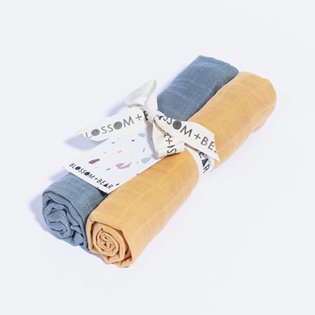 2 Pack Bamboo Muslin Squares - Slate Blue/Mustard