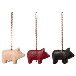  Wooden Pig Ornament, 3 ass.